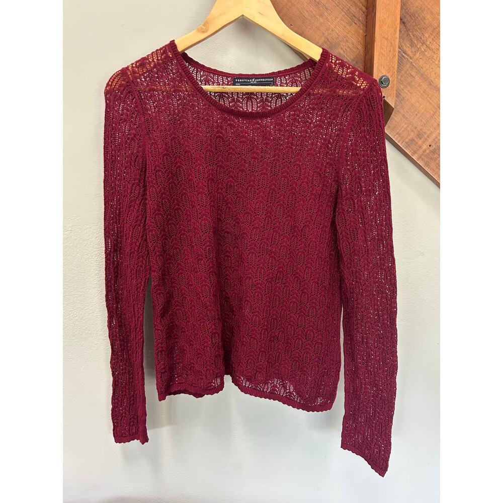 Peruvian Connection Burgundy OpenKnit semi sheer Lacey Stitch luxury minimalist